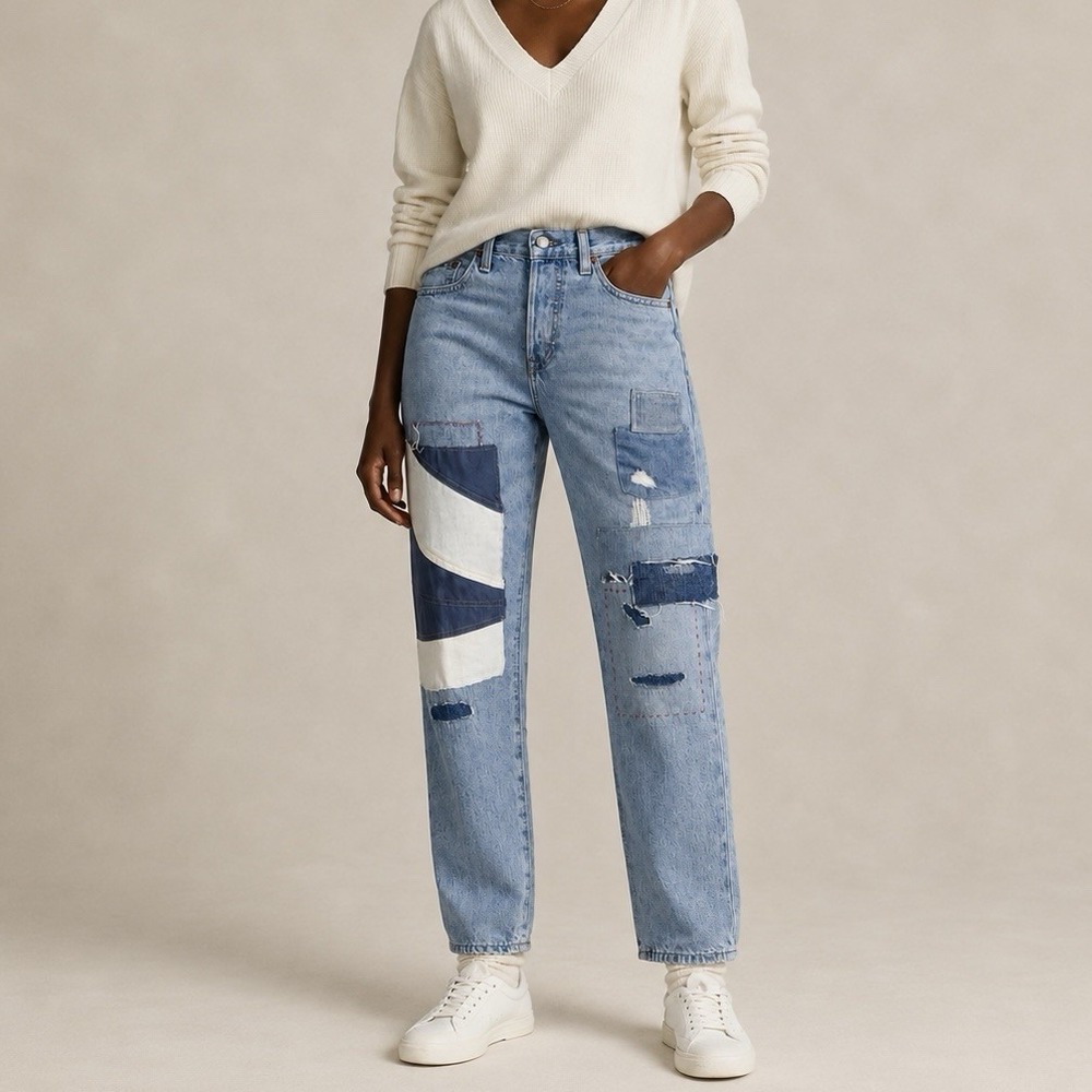 Polo Ralph Lauren The Avery Boyfriend Jeans Womens 26 Patchwork Distressed Denim